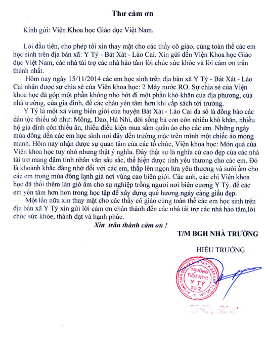 Thư cám ơn của Ban giám hiệu trường tiểu học Y Tý số 2, xã Y Tý, huyện Bát Xát, tỉnh Lào Cai